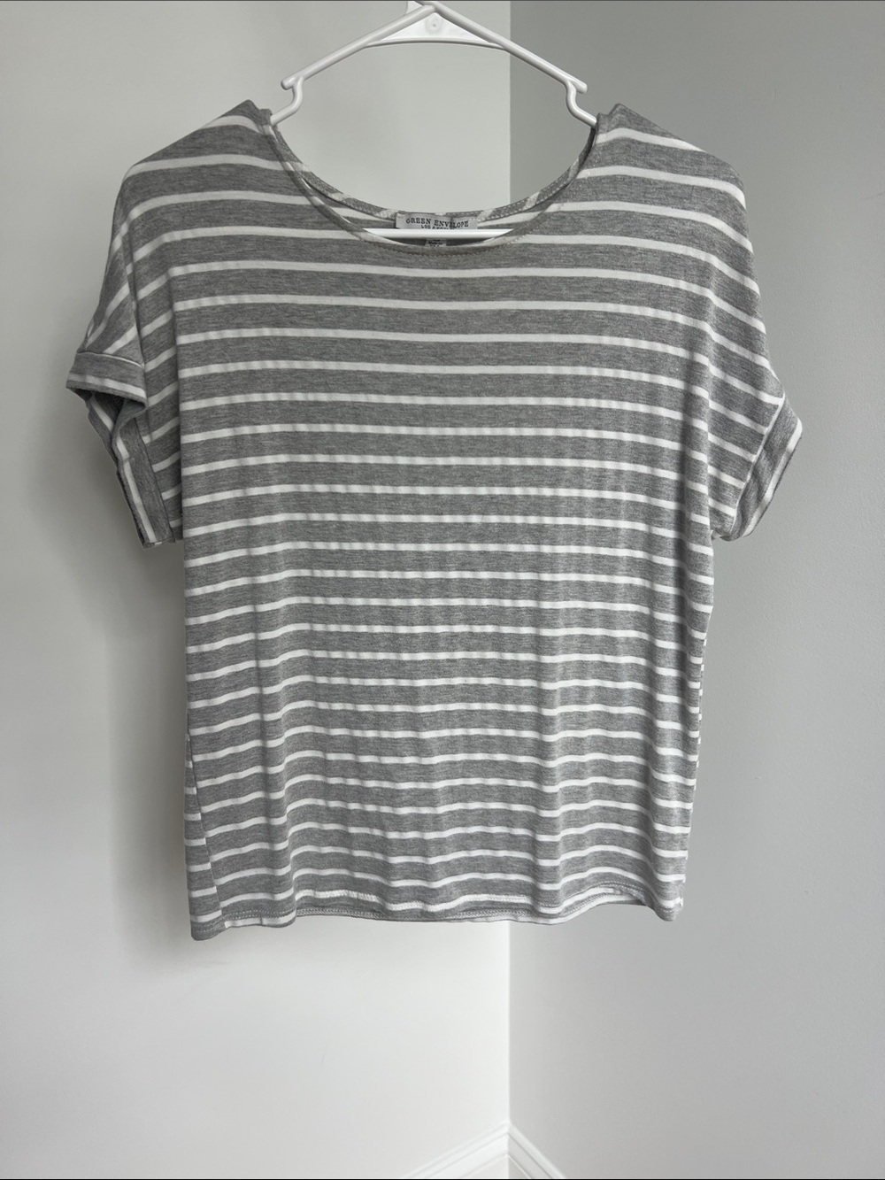 Green Envelope Gray & White Striped Short Sleeve Tee